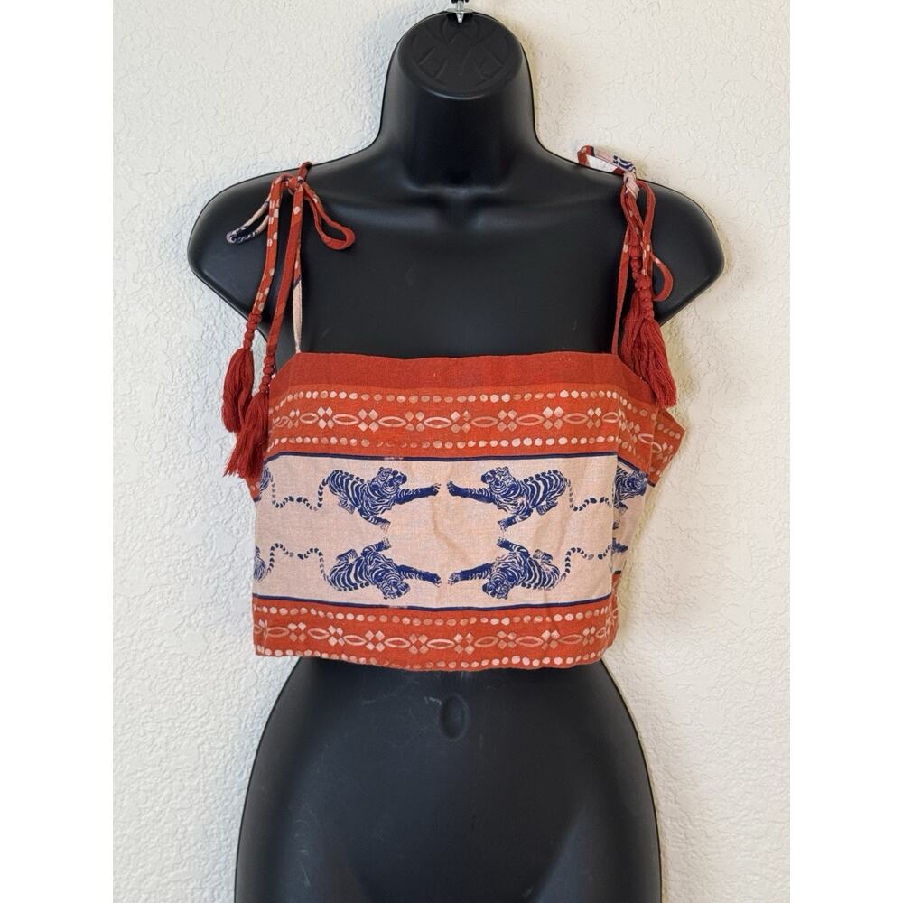 Caroline Constas Linen Blend Orange Blue Crop Top Tiger Print Medium - Picture 2 of 9